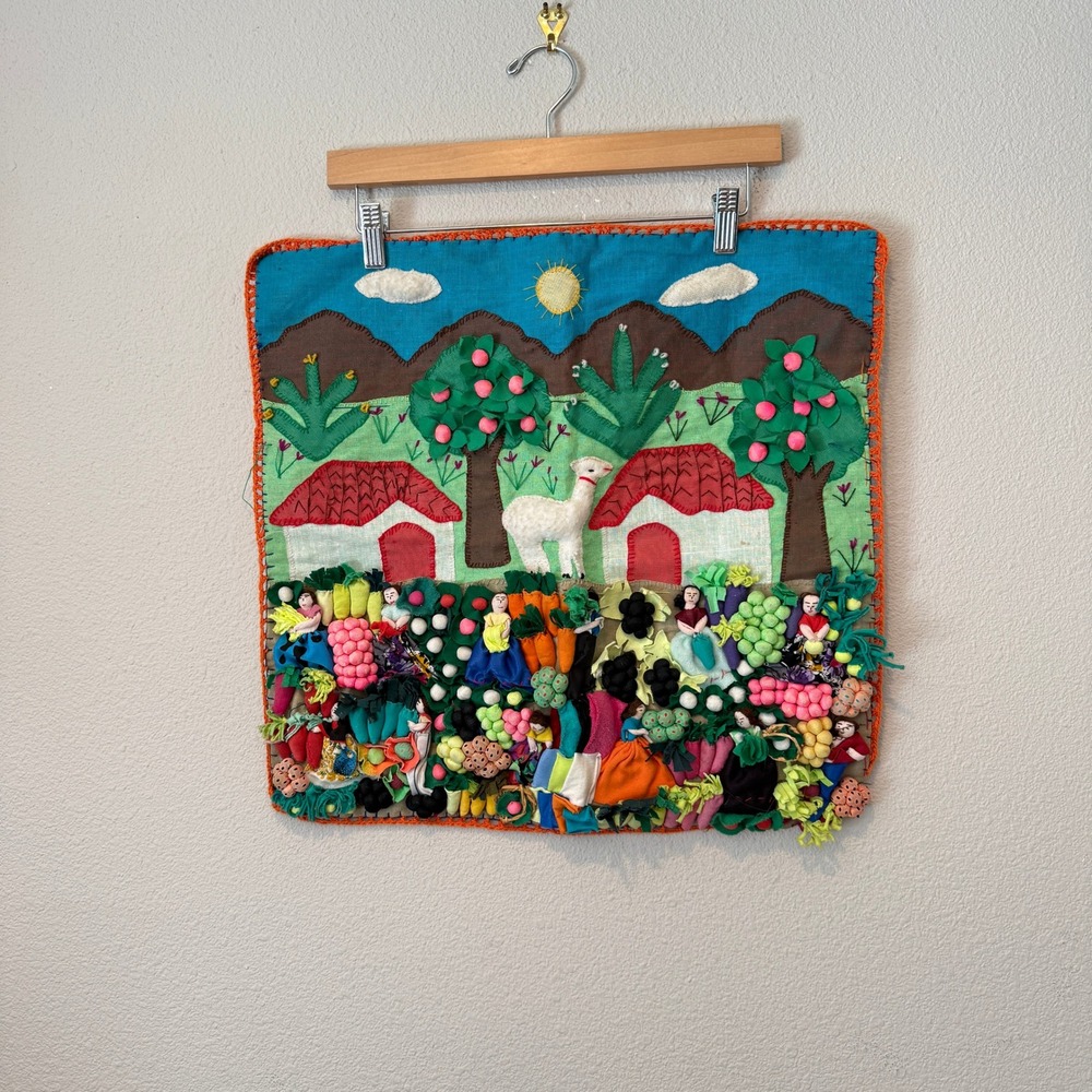 Vintage Peruvian Arpillera Hand Stitched 3D Folk Art Wall Hanging Village Scene